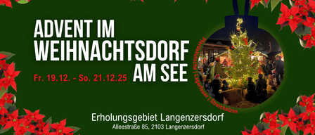 Werbeplakat für einen Weihnachtsmarkt in Langenzersdorf, Österreich. Es zeigt festliche Bilder und Details zum Ort und Datum.