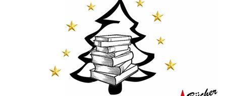 An advertisement for the Christmas book market featuring a Christmas tree decorated with stars and books. It includes information about the event's dates, times, and the types of books available.