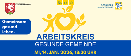 Plakat für eine Veranstaltung zur Förderung der Gesundheit in der Gemeinde. Zeigt ein gelbes Apfel-Symbol, zwei Figuren und ein Blatt. Datum: 14. Jan. 2026, 18:30 Uhr. Ort: Gemeindeamt, Ki. Sitzungssaal (2. Stock), Hauptplatz 10, 2103 Langenzersdorf.