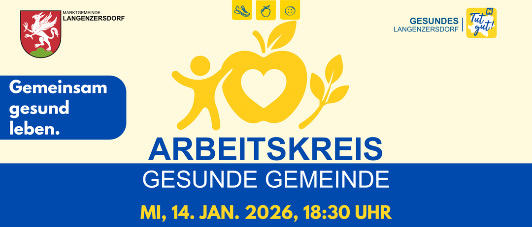 Plakat für eine Veranstaltung zur Förderung der Gesundheit in der Gemeinde. Zeigt ein gelbes Apfel-Symbol, zwei Figuren und ein Blatt. Datum: 14. Jan. 2026, 18:30 Uhr. Ort: Gemeindeamt, Ki. Sitzungssaal (2. Stock), Hauptplatz 10, 2103 Langenzersdorf.