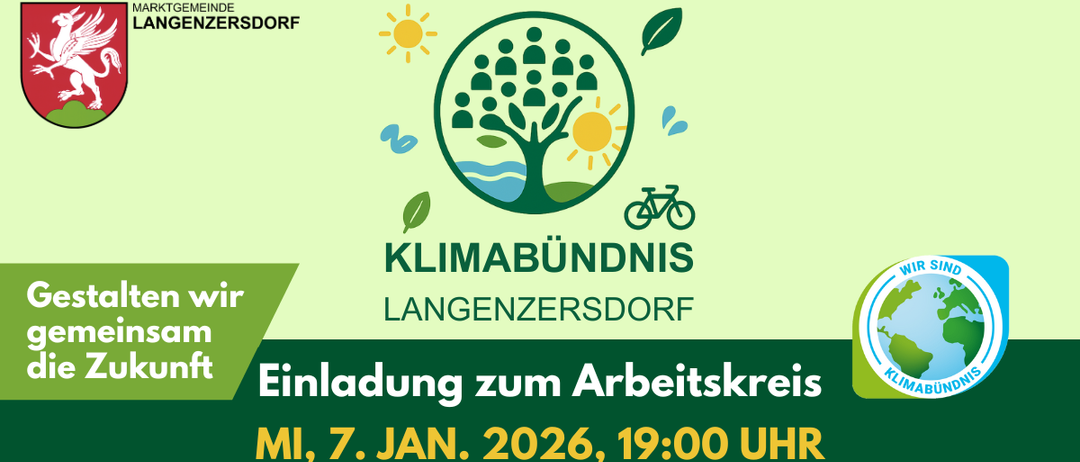 Ein Plakat lädt zur Arbeitskreissitzung des Klimabündnis Langenzersdorf am 7. Jan. 2026, 19:00 Uhr ein. Der Ort ist der Sitzungssaal, 2. Stock, Hauptplatz 10, 2103 Langenzersdorf.