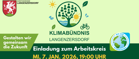 Ein Plakat lädt zur Arbeitskreissitzung des Klimabündnis Langenzersdorf am 7. Jan. 2026, 19:00 Uhr ein. Der Ort ist der Sitzungssaal, 2. Stock, Hauptplatz 10, 2103 Langenzersdorf.
