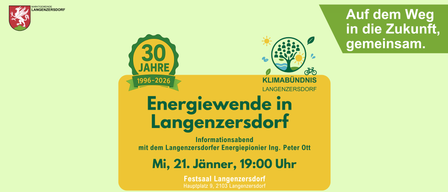 Plakat zum 30-jährigen Jubiläum von Klimabundnis Langenzersdorf. Veranstaltung am 21. Jänner, 19:00 im Festsaal Langenzersdorf.