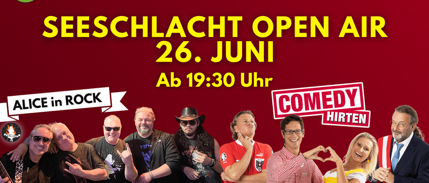 Plakat für eine Schlacht Open-Veranstaltung am 26. Juni, Beginn um 19:30 Uhr. Es zeigt vier Männer, einer macht ein Rock-Zeichen, ein anderer trägt einen Hut, einer ist in einem roten Shirt und der letzte in einem karierten Hemd.