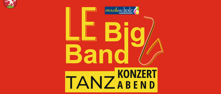 Ein roter Plakat mit weißen und gelben Text, das ein Konzert und Tanzabend der LE Big Band bewirbt.
