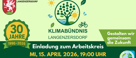 Ein Werbeplakat für eine Klimabündnis-Versammlung in Langenzersdorf am 15. April 2026 um 19:00 Uhr. Es zeigt Symbole von Sonne, Baum, Fahrrad und Menschen.