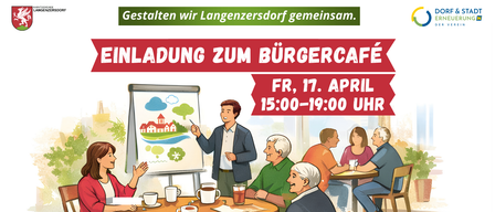 Eine Gruppe von Menschen sitzt um einen Tisch in einem Café, ein Mann präsentiert an einer Tafel. Der Text lautet: 'Einladung zum Bürgercafé, Freitag, 17. April, 15:00-19:00 Uhr'.