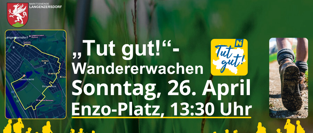 Ein Ereignis namens 'Tut gut!' findet am Sonntag, den 26. April auf dem Enzo-Platz um 13:30 Uhr statt. Es zeigt eine Karte links und ein Logo rechts.