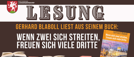 Ein Plakat mit 'LESUNG' oben zeigt ein Bild von gestapelten Büchern mit dem Text 'RD BLABOLL LIEST AUS SEINEM N ZWEI SICH STREITEN, EN SICH VIELE DRITTE' darunter.