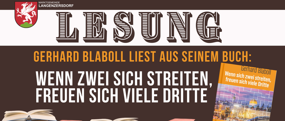Ein Plakat mit 'LESUNG' oben zeigt ein Bild von gestapelten Büchern mit dem Text 'RD BLABOLL LIEST AUS SEINEM N ZWEI SICH STREITEN, EN SICH VIELE DRITTE' darunter.