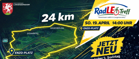 Poster für eine 24 km lange Veranstaltung am 19. April in Hagenbrunn. Die Route führt zum Enzio-Platz. Jeden 3. Monat neue Routen.
