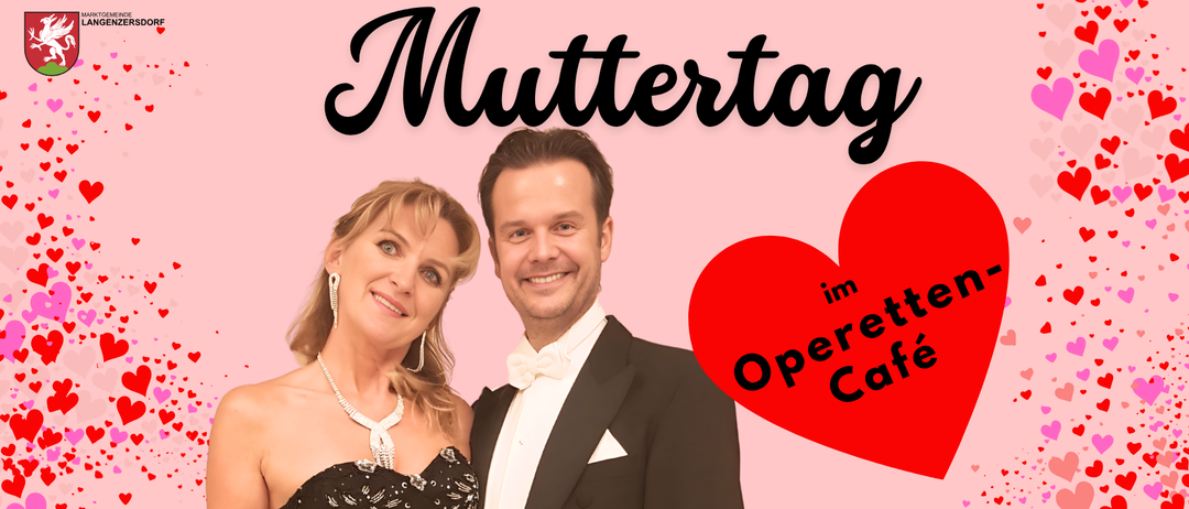 Ein lächelndes Paar in formeller Kleidung vor einem rosa Hintergrund, einem Herz und dem Text Muttertag im Operetta Cafe, Judit und Andreas. Copyright von Bellai-Ossana.
