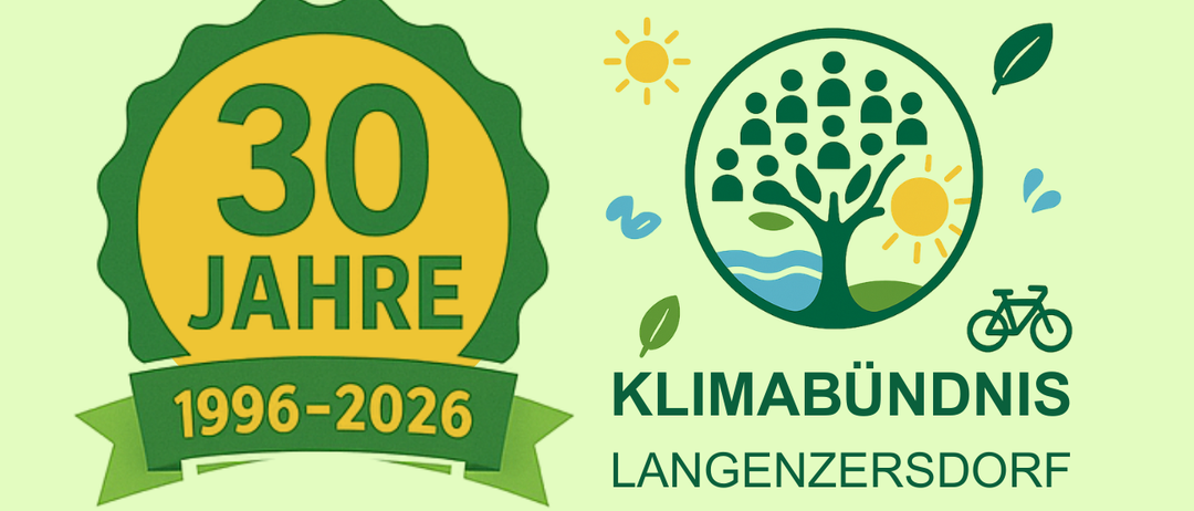 30 Jahre Klimabündnis Langenzersdorf von 1996 bis 2026. Ein grünes Banner mit Baum und Fahrrad symbolisiert Umweltverpflichtung.