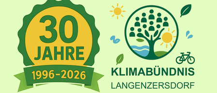 30 Jahre Klimabündnis Langenzersdorf von 1996 bis 2026. Ein grünes Banner mit Baum und Fahrrad symbolisiert Umweltverpflichtung.