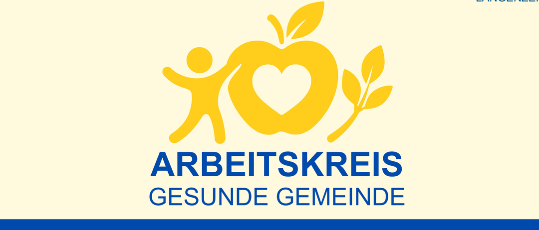 Das Bild zeigt das Logo des Arbeitskreises Gesunde Gemeinde in Langenzersdorf. Es enthält Symbole für einen Schuh, einen Apfel und ein lächelndes Gesicht. Unten steht 'Gesund leben in Langenzersdorf. Kommen Sie vorbei und machen Sie mit. Gemeindeamt, Kindergarten, Sitzungssaal, Hauptplatz 10, 2103 Langenzersdorf.'