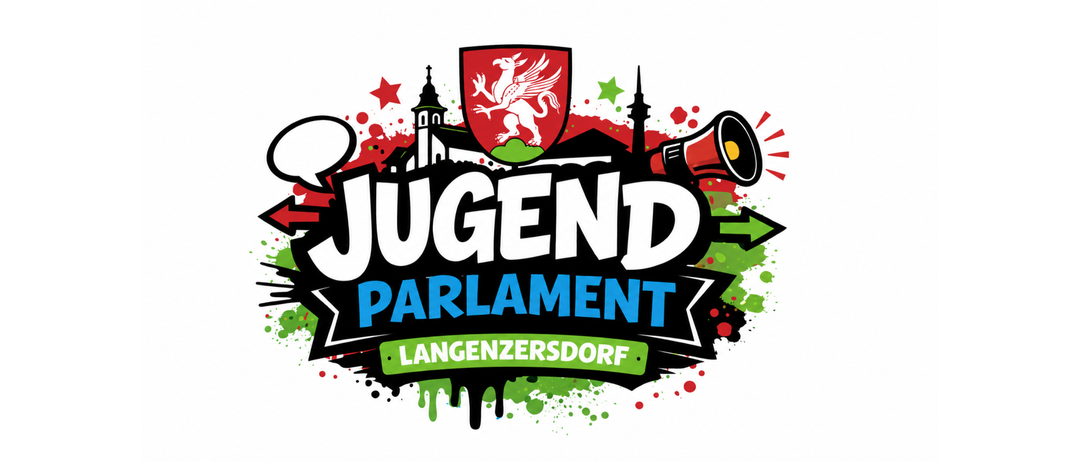 Das Logo des Jugend Parlament Langenzersdorf zeigt einen roten Schild mit einem weißen Drachen, einem Turm und einem roten Megafon, umgeben von farbenfrohen Farbspritzern.