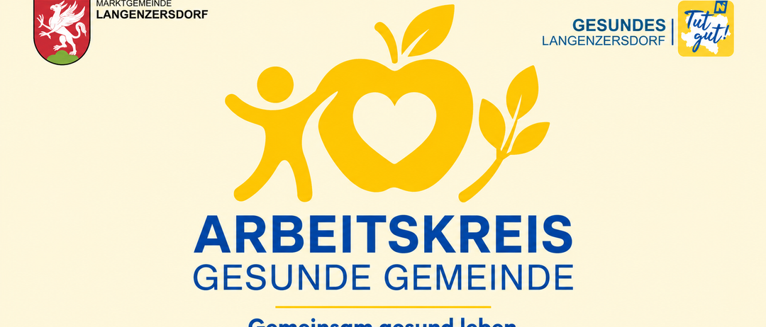 Ein Logo für Arbeitskreis Gesunde Gemeinde mit einem herzförmigen Apfel, den ein Kind hält, begleitet von Blättern und dem Slogan 'Gemeinsam gesund leben.'