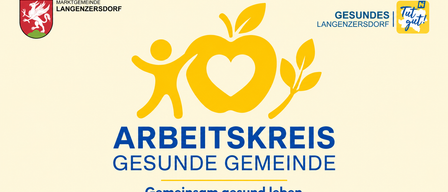 Ein Logo für Arbeitskreis Gesunde Gemeinde mit einem herzförmigen Apfel, den ein Kind hält, begleitet von Blättern und dem Slogan 'Gemeinsam gesund leben.'