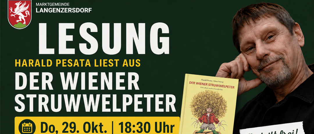 Plakat für eine Lesung mit dem Buch 'Der Wiener Struwwelpeter', das von einer Person gehalten wird. Die Veranstaltung findet am 1. Oktober um 18:30 Uhr in Langenzersdorf statt.