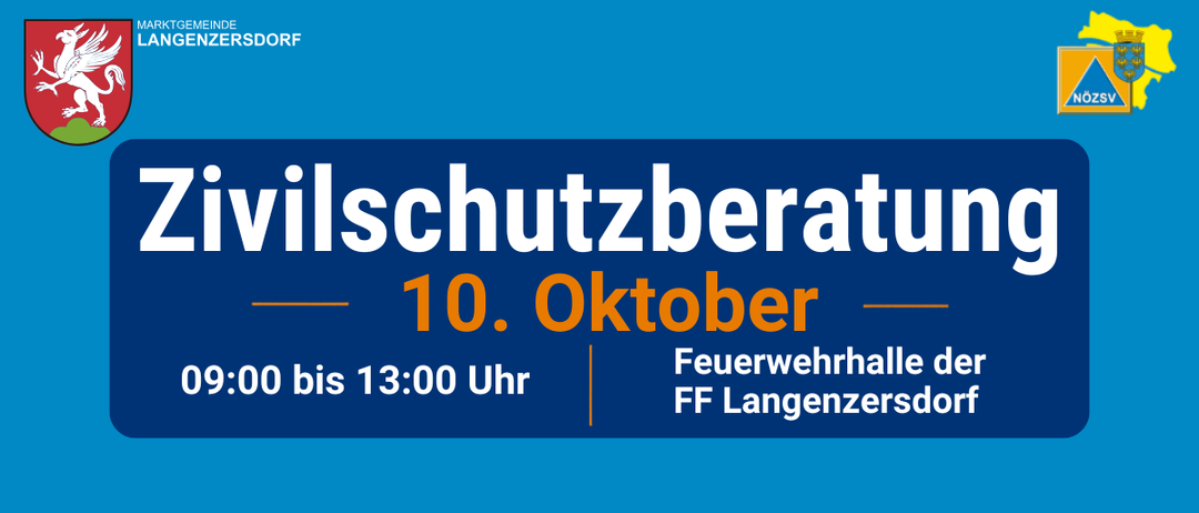Ein blauer Banner mit weißen Texten lautet 'Wildschutzberatung'. Darunter steht '10. Oktober' in Orange. Die Zeit '0:00 bis 13:00 Uhr' ist links und der Ort 'Feuerwehrhalle der FF Langenzersdorf' ist rechts angegeben.