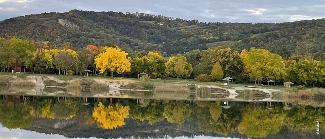 A serene landscape with a hill in the background, autumnal trees with yellow and green leaves, and a calm lake reflecting the colors and shapes of the trees and hill.