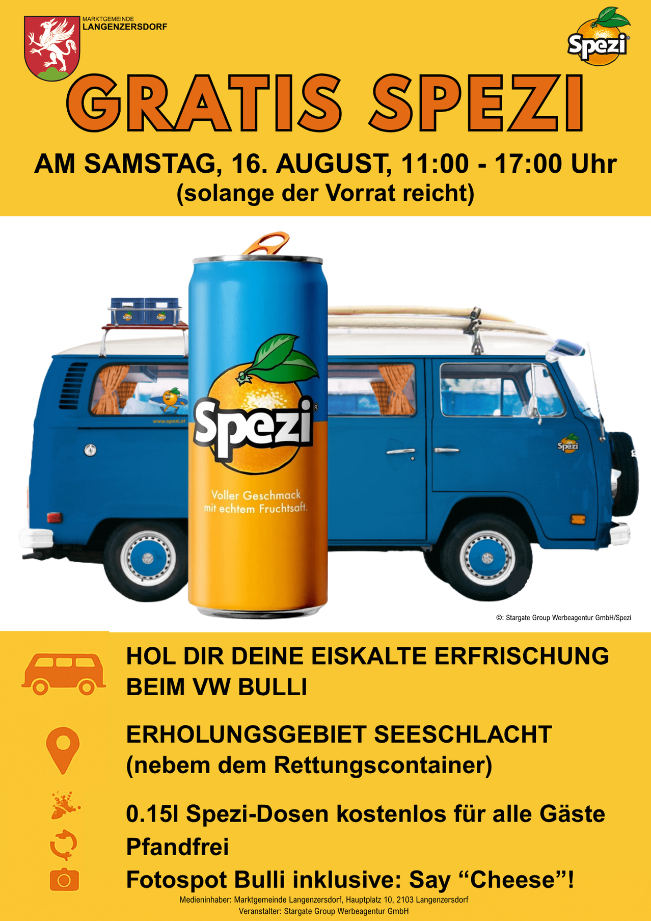 Werbung für ein Spezi Getränk mit einem VW Bus im Hintergrund. Es ist am Samstag, 16. August, von 11:00 bis 17:00 Uhr erhältlich, solange der Vorrat reicht. Erfrischungsbereich Seeschlacht.