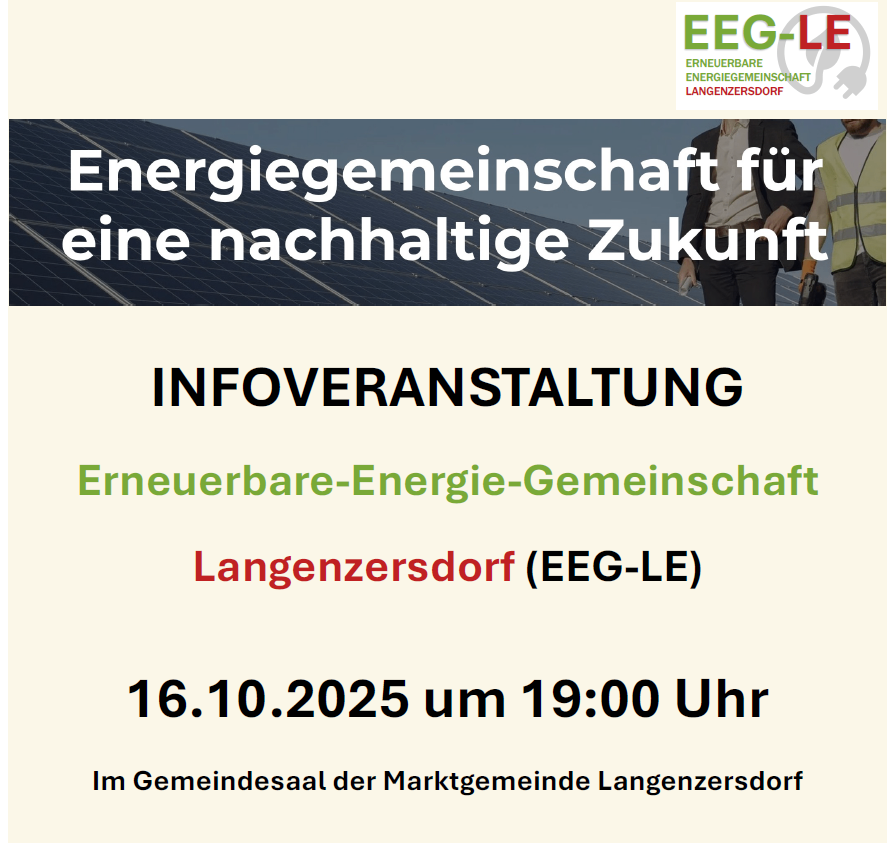 Plakat für eine Veranstaltung der erneuerbaren Energiegemeinschaft in Langenzersdorf. Die Veranstaltung findet am 16.10.2025 um 19:00 Uhr statt. Der Veranstaltungsort ist der Gemeindesaal der Marktgemeinde Langenzersdorf.