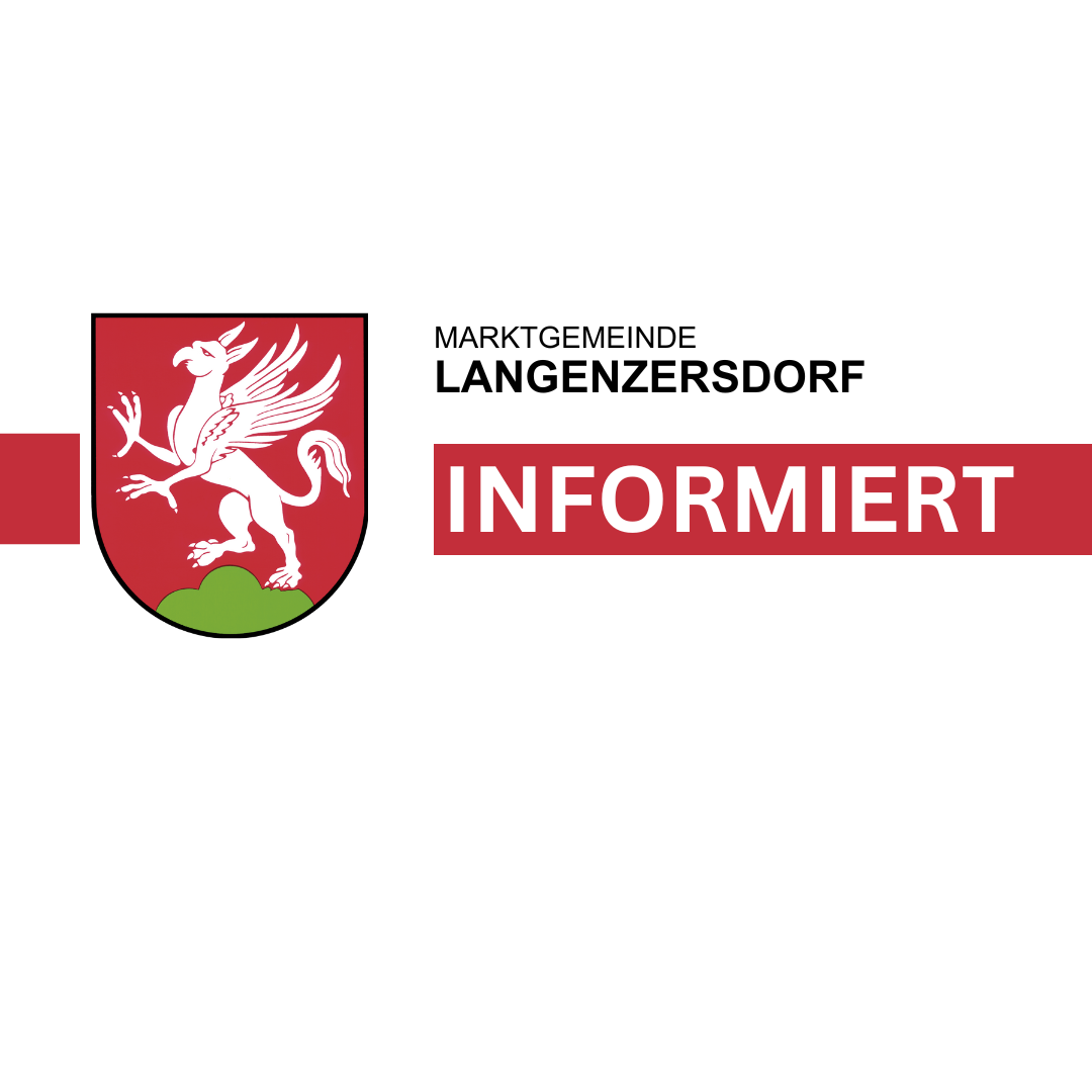 Das Logo der Marktgemeinde Langenzersdorf zeigt einen weißen Greif auf einem roten Schild. Darunter befindet sich ein Banner mit dem Wort 'Informiert' in fetten roten Buchstaben.