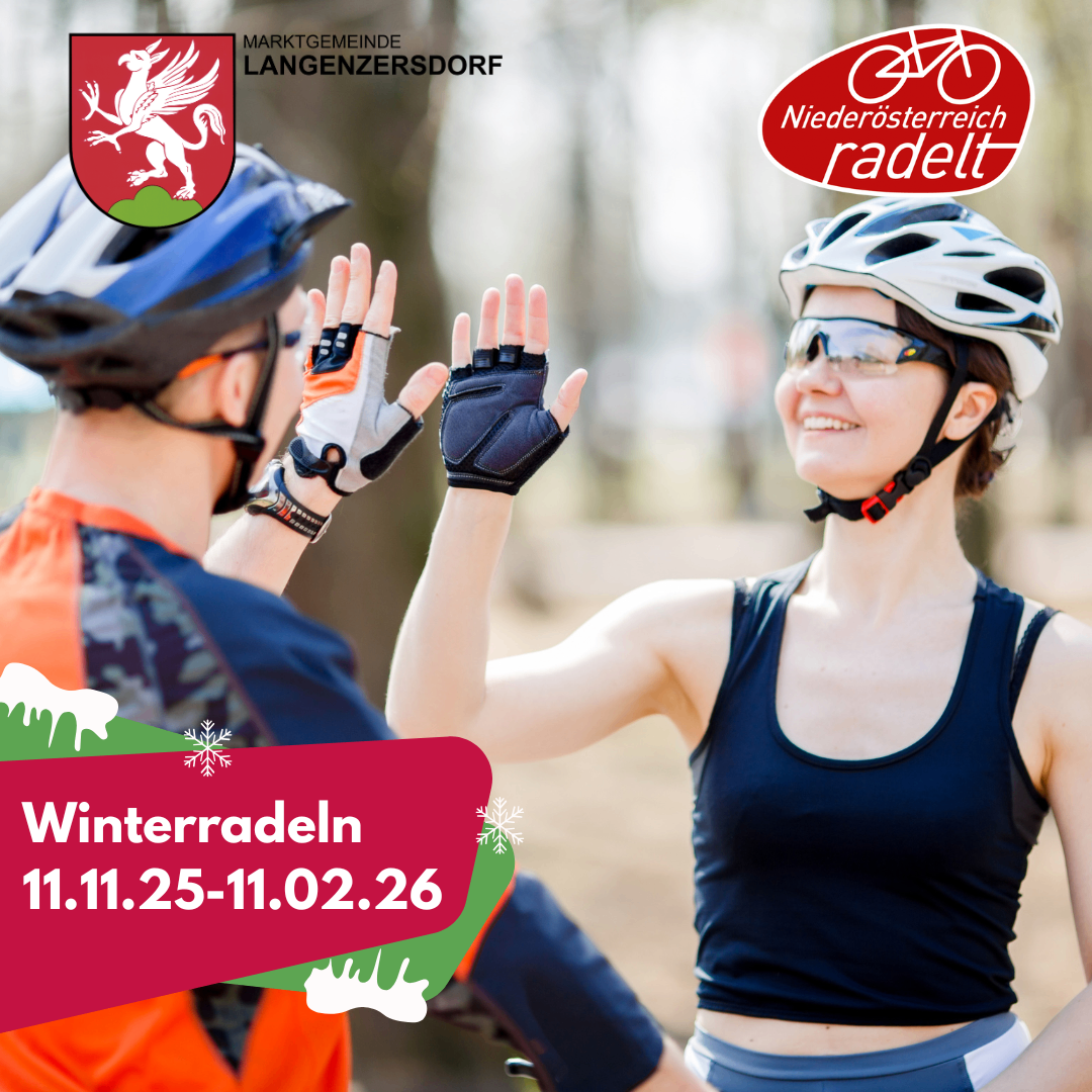 Ein Mann und eine Frau in Fahrradausrüstung, Helmen und Handschuhen lächeln und geben ein Daumen-hoch-Zeichen. Das Bild zeigt auch ein Logo für Winterradeln und einen Datumsbereich.