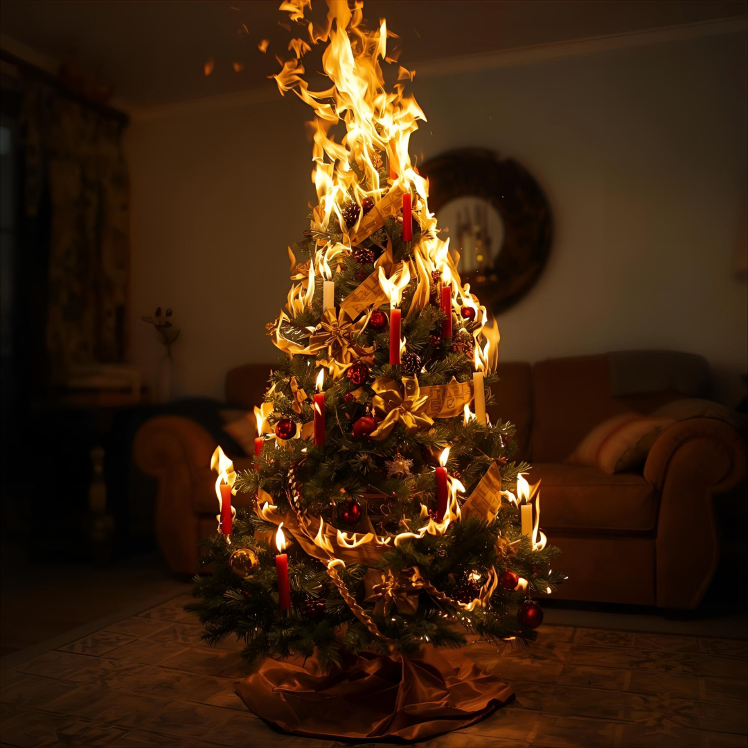 Ein Weihnachtsbaum in Flammen mit brennenden Kerzen in einem Wohnzimmer, umgeben von einer Couch und einem Spiegel.