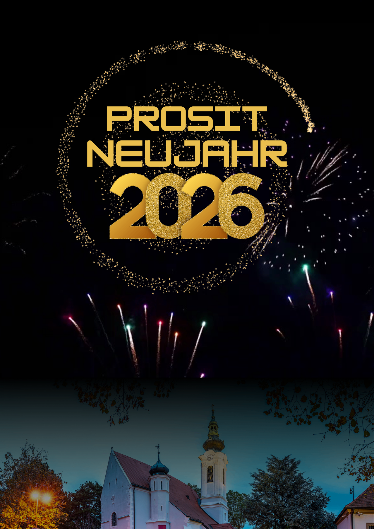 Das Bild zeigt ein Neujahrsfest für 2026 mit Feuerwerk am Himmel und dem Text 'Prosit Neujahr 2026'. Das Feuerwerk ist mehrfarbig und der Text ist golden.