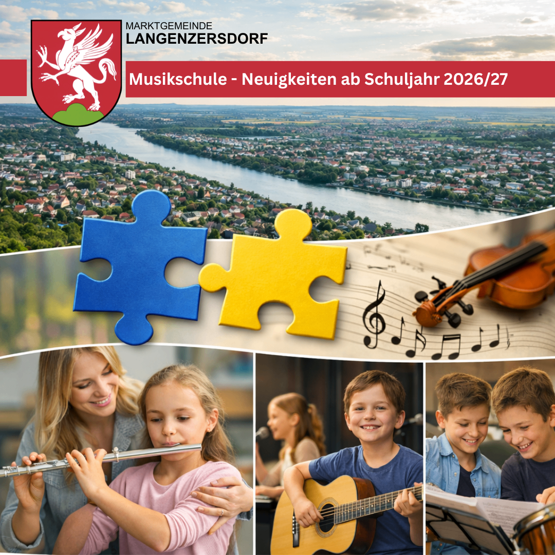 Plakat für die Musikschule von Langenzenersdorf. Es zeigt eine Frau, die einem Mädchen das Flötenspiel beibringt, und einen Jungen, der Gitarre spielt. Zudem ist eine Geige auf Notenpapier abgebildet.