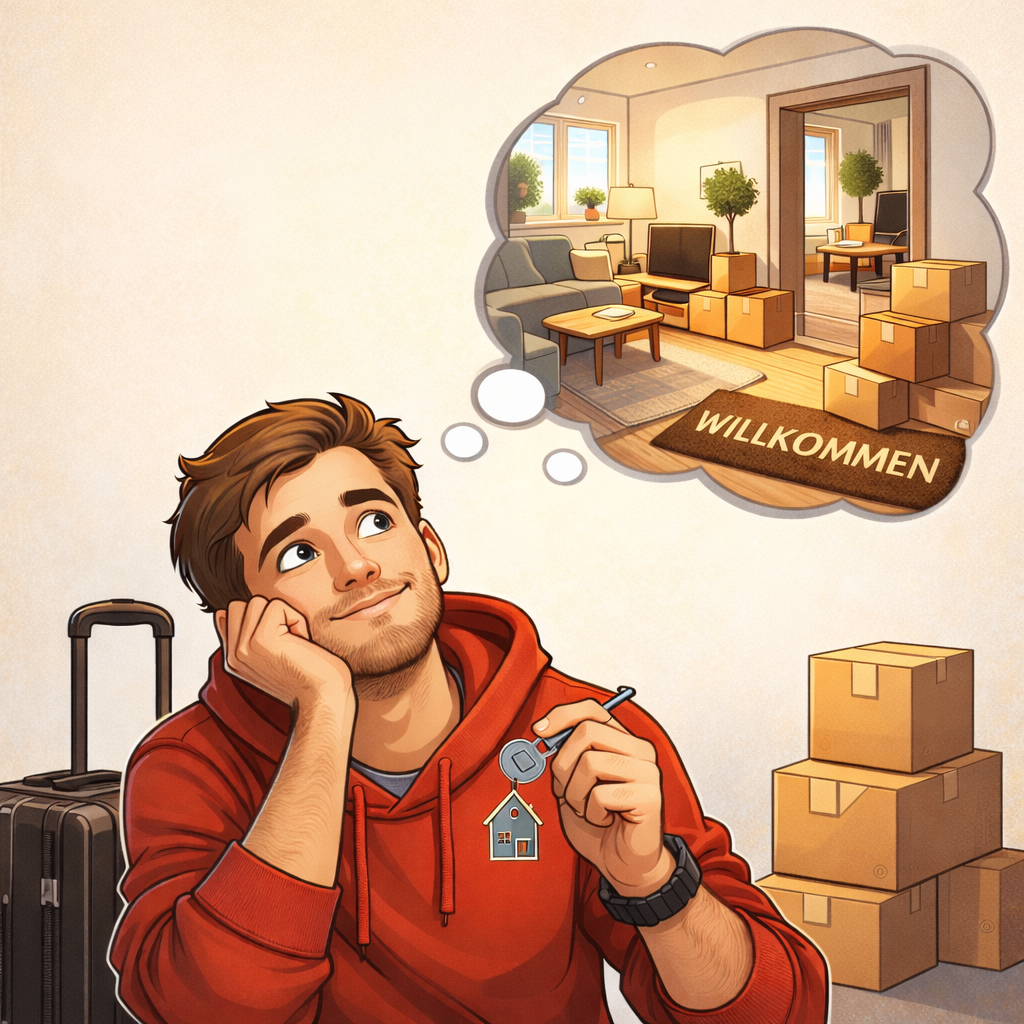 Ein Mann hält einen Schlüssel in der Hand und träumt von einem neuen Zuhause mit Möbeln und Kartons mit der Aufschrift 'Willkommen'.