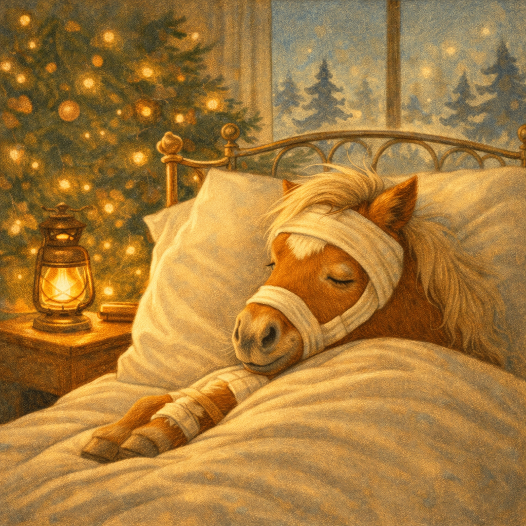 Ein Pferd mit einem Verband um den Kopf schläft in einem Bett mit Kissen. Es gibt eine beleuchtete Laterne auf einem Nachttisch und einen Weihnachtsbaum hinter dem Pferd.