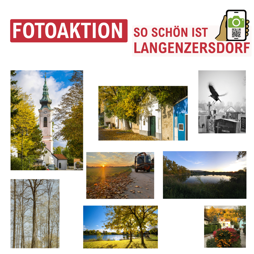 Fotosammlung über Langenzersdorf. Sie zeigt eine Kirche, Häuser, einen Friedhof und Landschaften mit Bäumen und einem See.