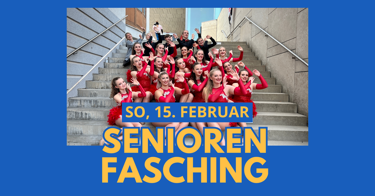 Eine Gruppe von Frauen in Rot, die auf einer Treppe stehen, mit dem Text 'So, 15. Februar Senioren Fasching'.
