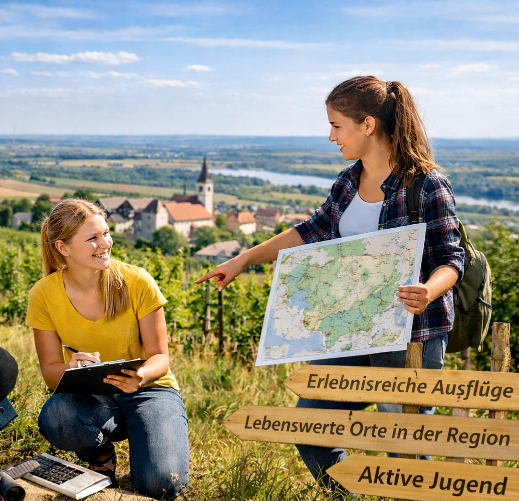 Zwei Frauen lächeln in einer malerischen Gegend zu einer Karte, eine hält die Karte und die andere schreibt auf einem Notizblock. Hinter ihnen liegt ein Dorf mit einem Turm und einem Fluss.