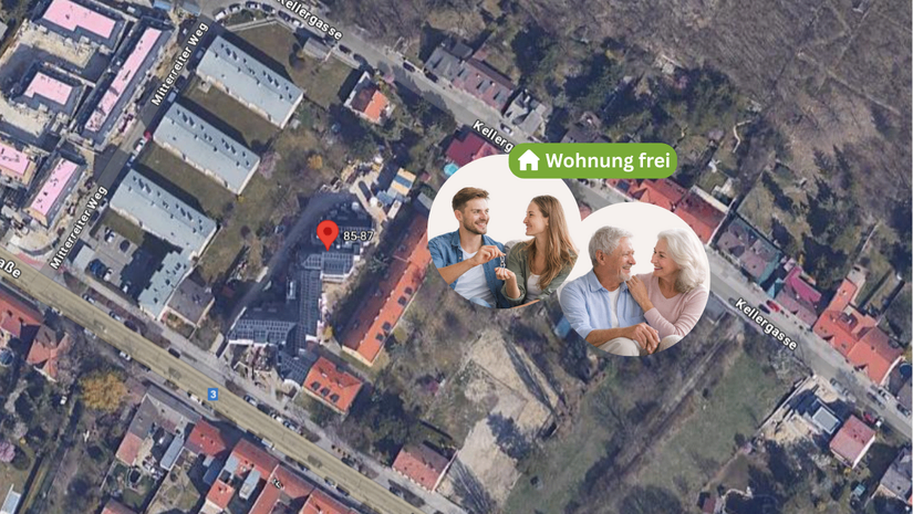 Ein Luftbild einer Nachbarschaft mit zwei hervorgehobenen Bereichen. Der erste zeigt ein Paar, der zweite ein älteres Paar. Der Text 'Wohnung frei' ist sichtbar.