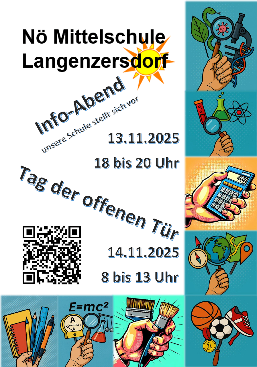 Langenzersdorf hosts an info evening on November 13, 2025, from 6 PM to 8 PM. The next day, November 14, 2025, is the open door day from 8 AM to 1 PM. A QR code is present for additional information.