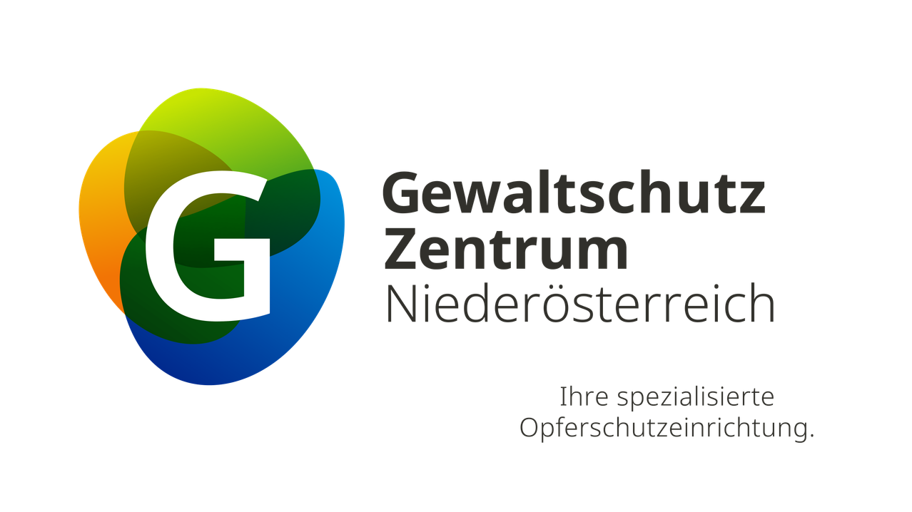 The image shows the logo of the Gewaltschutz Zentrum Niederosterreich, featuring a stylized letter G in a circle with multicolored segments. Below the logo, the text reads 'Gewaltschutz Zentrum Niederosterreich.' It appears to be an organization providing protection and support services.