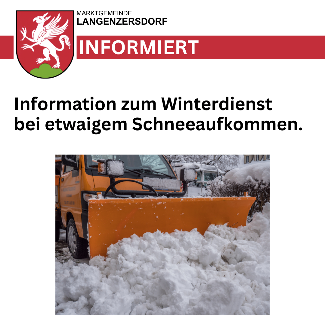 A municipality poster informs about winter service in case of snow. An orange snow plow is clearing snow in the foreground.