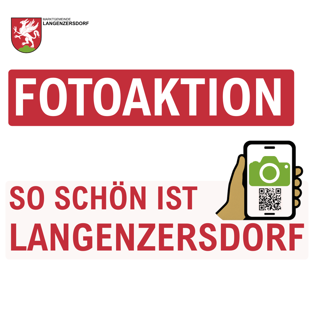 An advertisement for a photo competition in Langenzenersdorf, featuring a phone with a QR code and a slogan 'So Schon Ist Langenzenersdorf'.