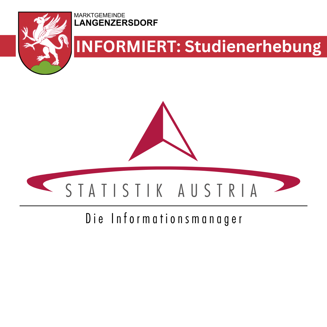 Logo einer Marktgemeinde namens Langenzersdorf. Es steht 'Informiert: Studienerhebung' mit einem roten Dreieck und den Worten 'Statistik Austria' darunter.