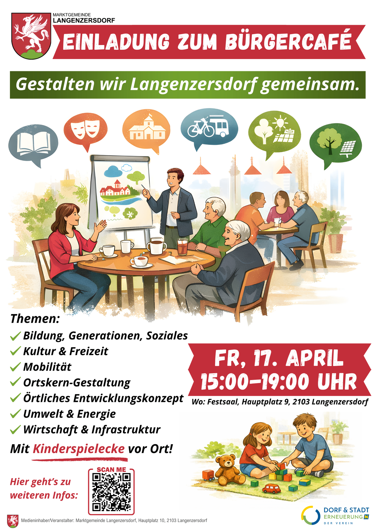 Eine Illustration zeigt eine Gruppe von Menschen um einen Tisch herum, die Themen wie Kultur, Mobilität und lokale Entwicklung diskutieren. Sie enthält auch einen Zeitplan für eine Gemeinschaftsveranstaltung am 17. April.
