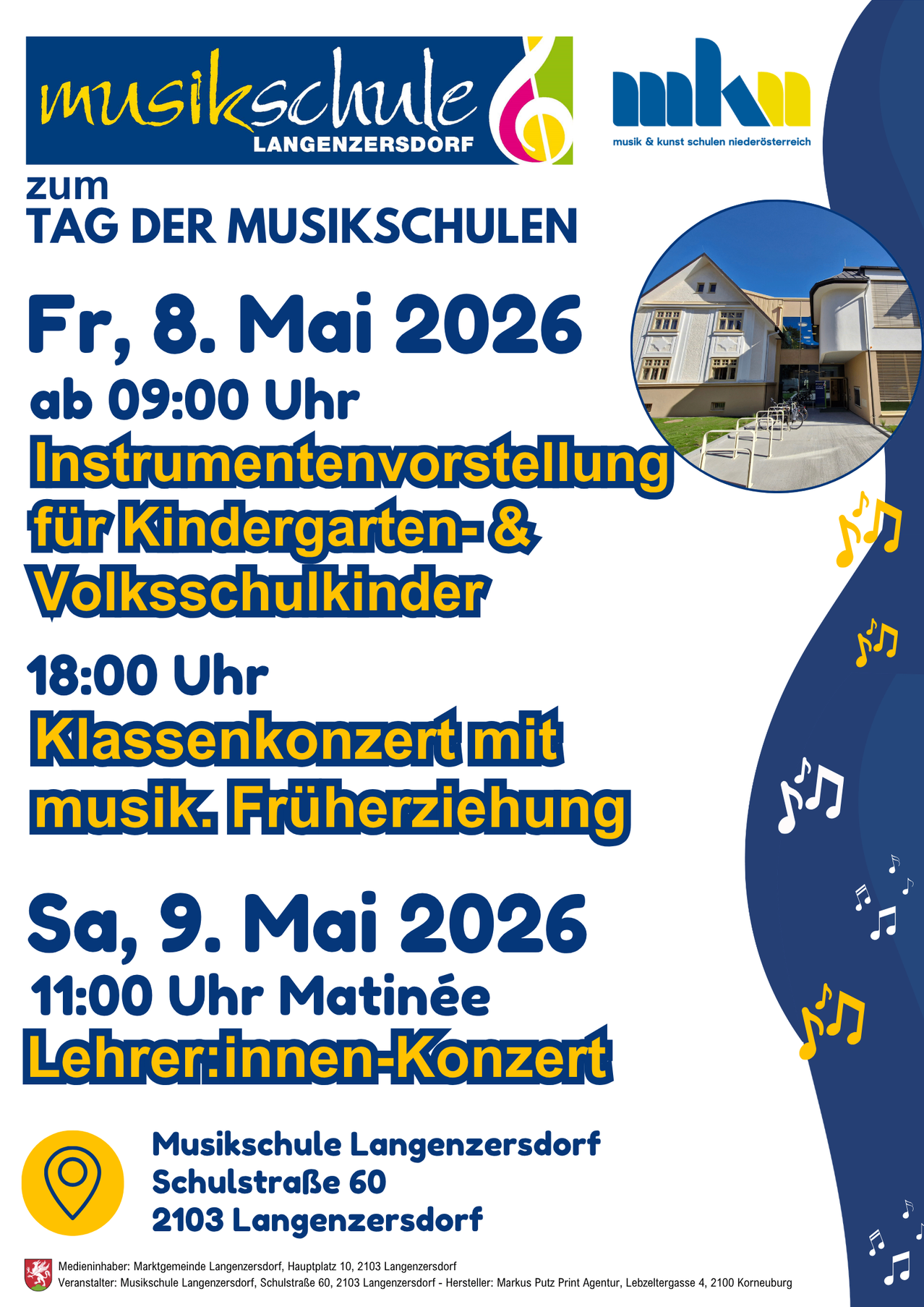 Plakat für den Tag der Musikschulen am 8. Mai 2026, ab 9:00 Uhr, einschließlich Instrumentenvorstellung für Kindergarten- und Volksschulkinder, Klassenkonzert mit Musik und eine Matinee am 9. Mai 2026, um 11:00 Uhr.