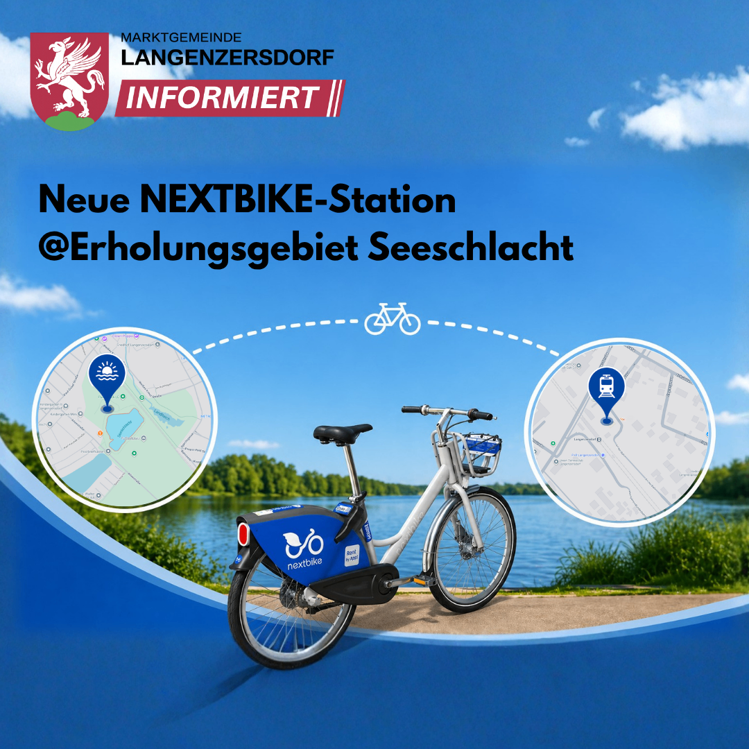 Neue NEXTBIKE-Station bei Erholungsgebiet Seeschlacht. Ein Fahrrad mit Korb steht am See. Eine Karte der Umgebung wird angezeigt.