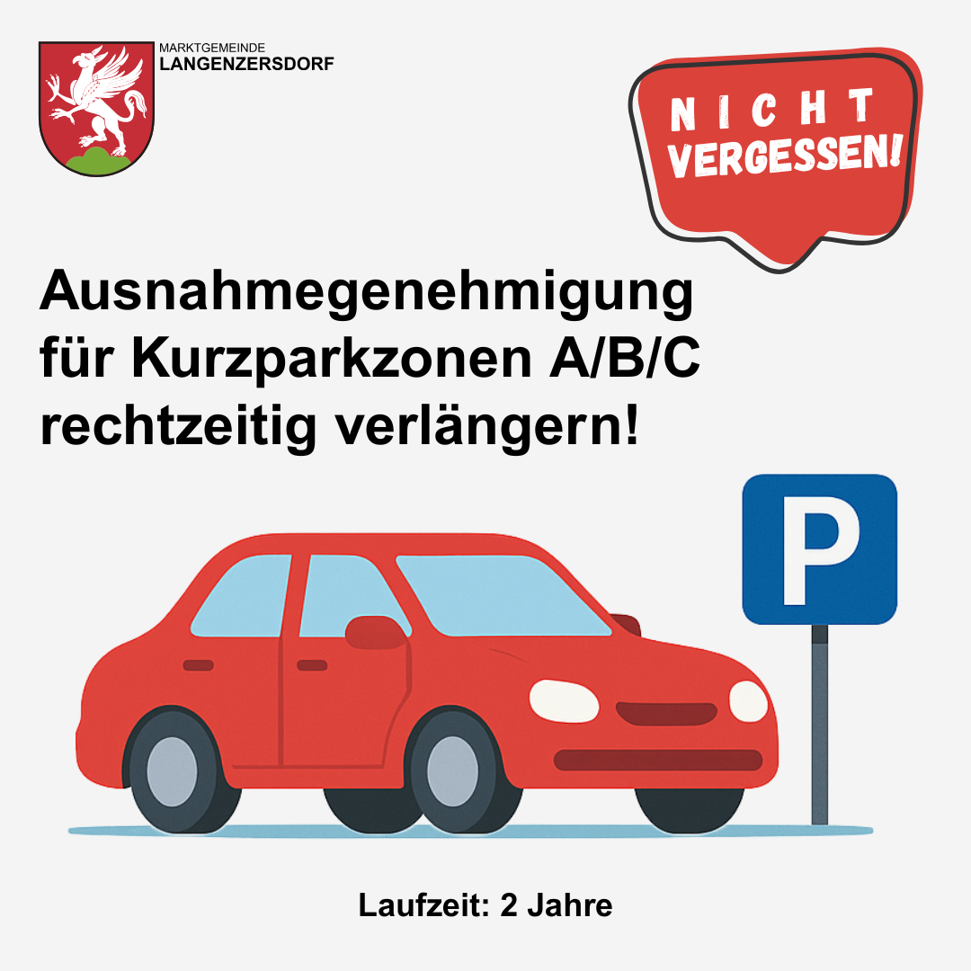 Ein Hinweis der Marktgemeinde Langenzersdorf bewirbt eine Verlängerung der Gültigkeit von Kurzzeitparkberechtigungen für die Zonen A/B/C. Es wird eine Illustration eines Autos und eines Parkzeichens gezeigt. Die Berechtigung ist 2 Jahre gültig.