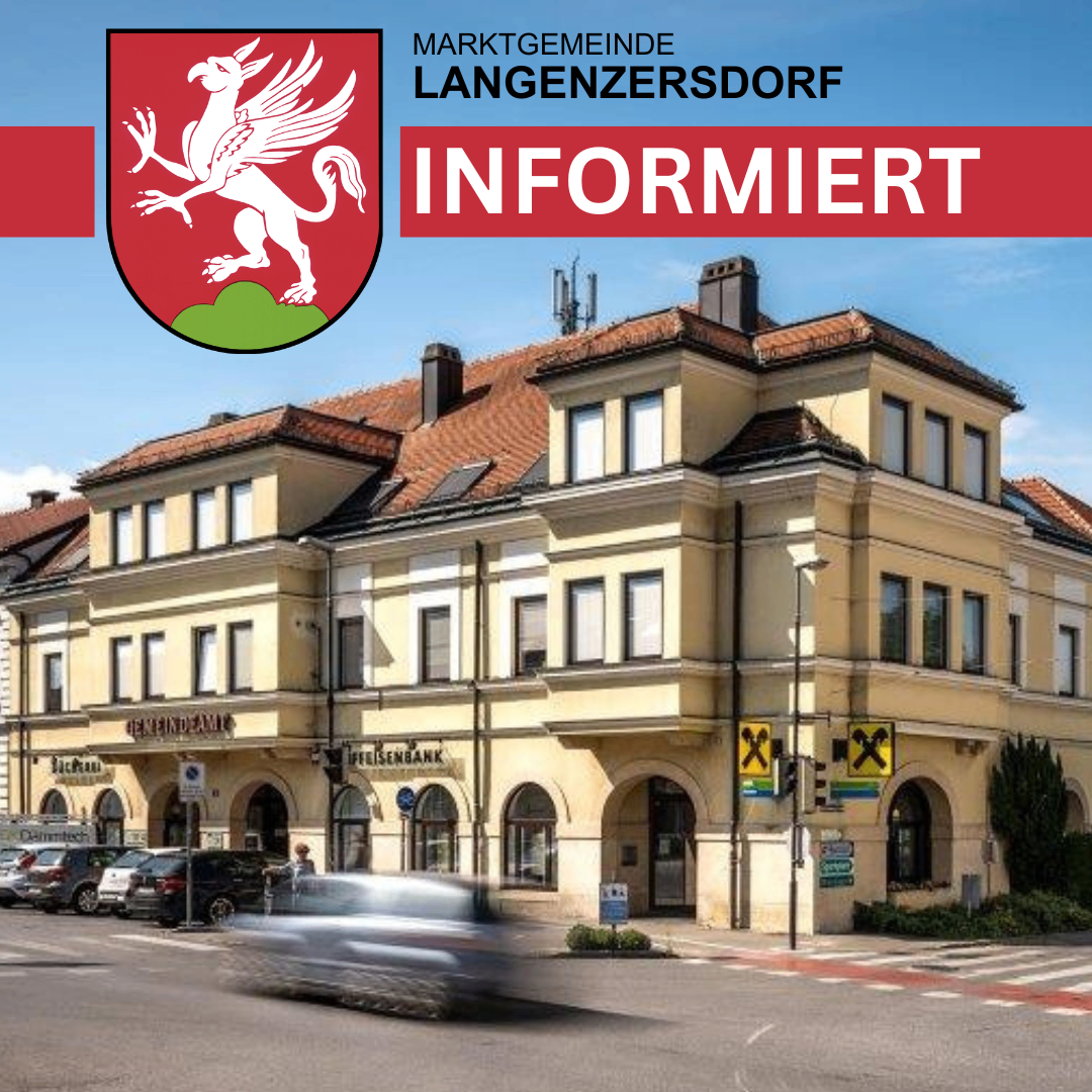 Die Stadt Langenzersdorf bewirbt ihr Image mit einem Poster, das einen Löwen auf rotem Hintergrund, ein großes gelbes Gebäude und ein unscharfes Auto auf der Straße zeigt.