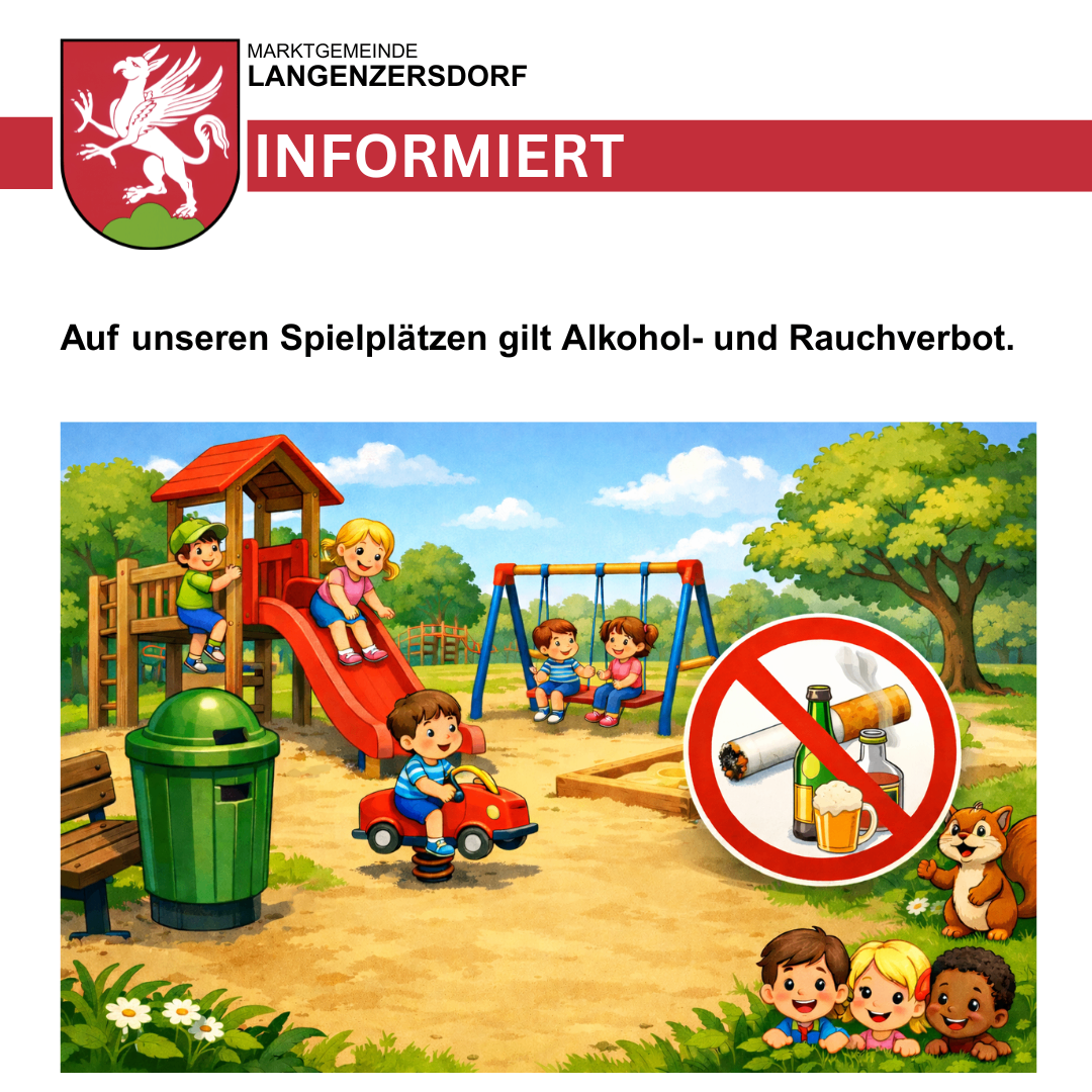 Ein Informationsposter der Gemeinde Langenzersdorf, das eine Spielplatzszene mit spielenden Kindern und einem Verbotsschild für Alkohol und Rauchen zeigt. Der Text besagt, dass Alkohol und Rauchen auf den Spielplätzen verboten sind.