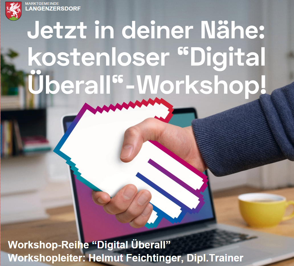 Eine Hand hält ein Stück Papier mit dem Text 'Digital Uberall'. Ein Laptop ist sichtbar mit demselben Text auf dem Bildschirm. Der Hintergrund hat eine rote Liniengrafik. Ein gelber Becher ist rechts. Der Text lautet 'Jetzt in deiner Nähe: kostenloser Digital Uberall Workshop!'.
